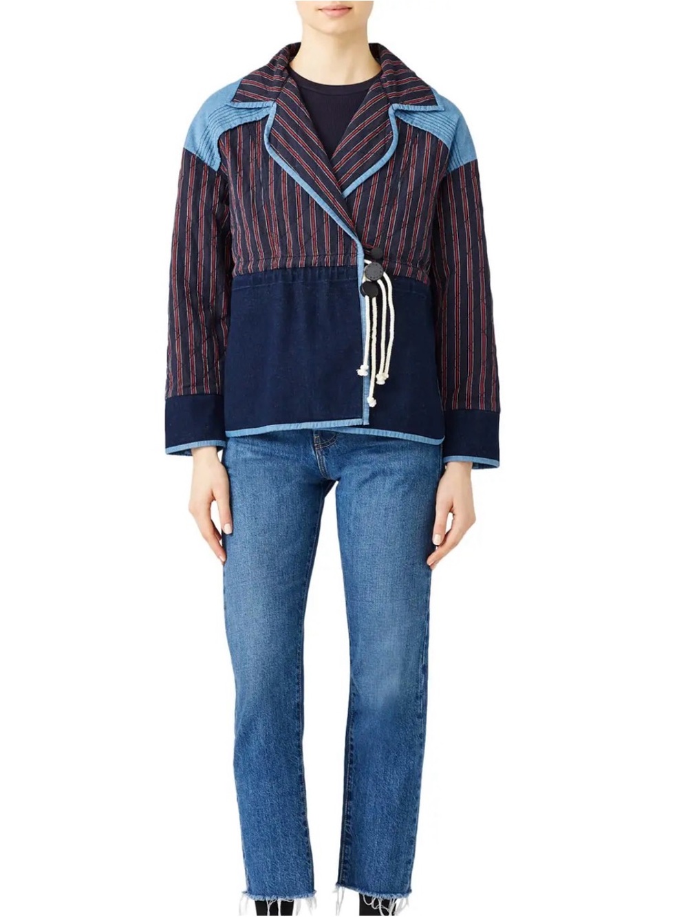 Tanya Taylor Quilted Pinstripe Denim Viv Mixed Patchwork Wrap Front Jacket Sz S